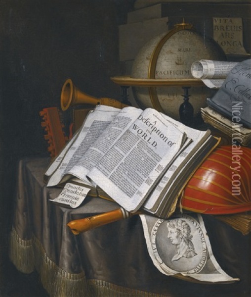 Vanitas Still Life With An Upturned Lute, A Globe Turned To The Pacific Ocean, An Open Copy Of Rider Cardanus' The British Merlin, And An Engraving Of Caesar Octavianus Augustus Oil Painting - Edward Collier