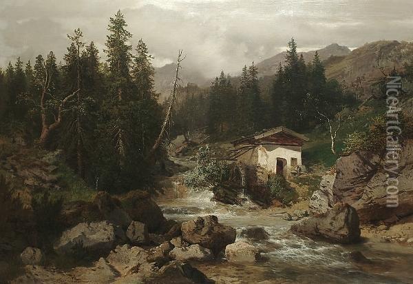 A Watermill In An Alpine River Landscape Oil Painting - August Albert Zimmermann