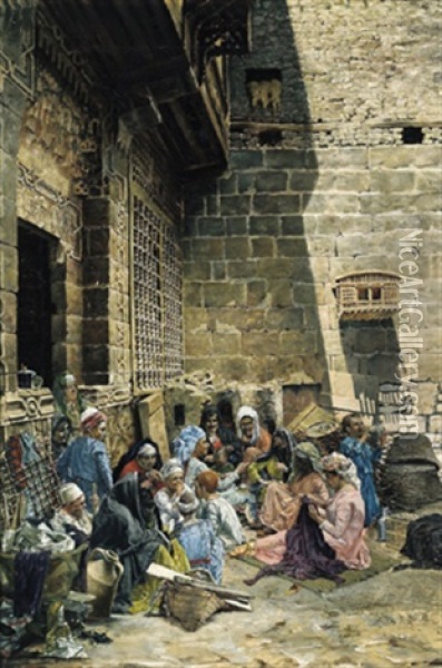 Hof Eines Hauses In Bulak, Cairo Oil Painting - Leopold Alphons Mielich