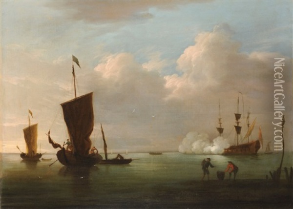 The Morning Gun, A Naval Warship Firing A Salute Oil Painting - Peter Monamy