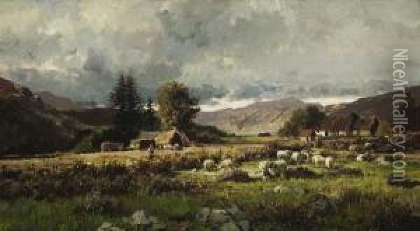 Sheep Grazing On A Farm Oil Painting - William Preston Phelps