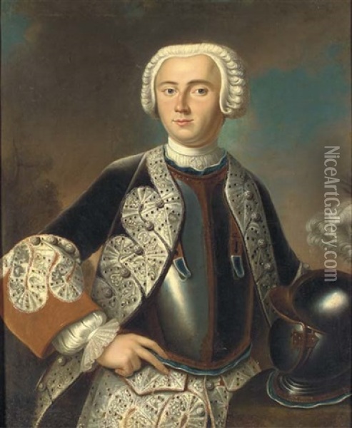 Portrait Of Friedrich, Margrave Von Brandenburg-bayreuth Wearing A Grey Coat With White Facings, Embroidered Waistcoat ... Oil Painting - Antoine Pesne