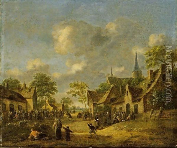 A Village Scene With Figures Near An Inn Oil Painting - Thomas Heeremans