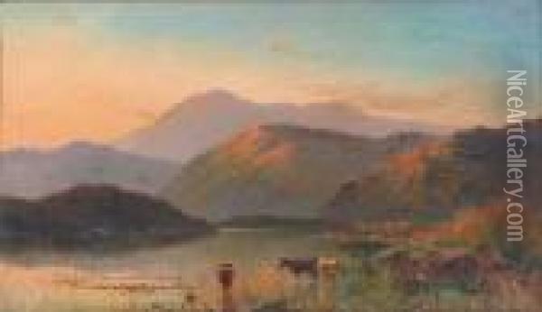 An Extensive Highland Landscape At Sunset With Cattle Watering In The Foreground Oil Painting - Alfred de Breanski
