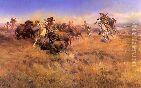 Running Buffalo Oil Painting - Charles Marion Russell