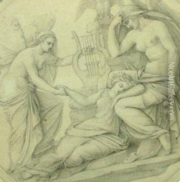 Three Classical Figures With A Harp Oil Painting - Nicholas Gysis