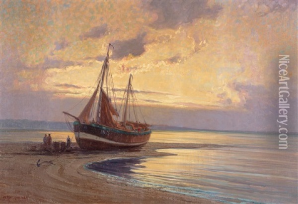 Evening Light With Fishing Boat On The Coast Oil Painting - Alexander Kircher