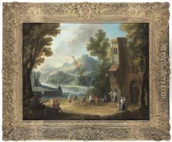 Figures Raising The Maypole, A Harbour, A Castle And A Mountainouslandscape Beyond Oil Painting - Dominique Joseph Van Der Burch