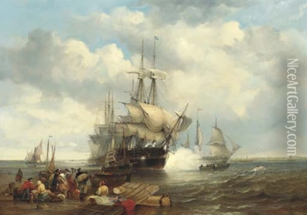 Four Indiamen Preparing To Leave The Lower Thames With Passengers Embarking In The Foreground Oil Painting - John Wilson Carmichael