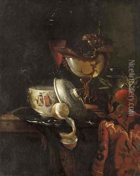 A nautilus cup, an oriental bowl on a silver tray and glasses of wine on a table Oil Painting - Willem Kalf