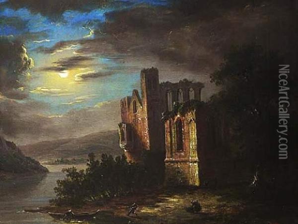 Ruine Au Bord D'un Lac Au Clair De Lune Et Deux Nochers Tirant Une Barque Oil Painting - Victor Chailly