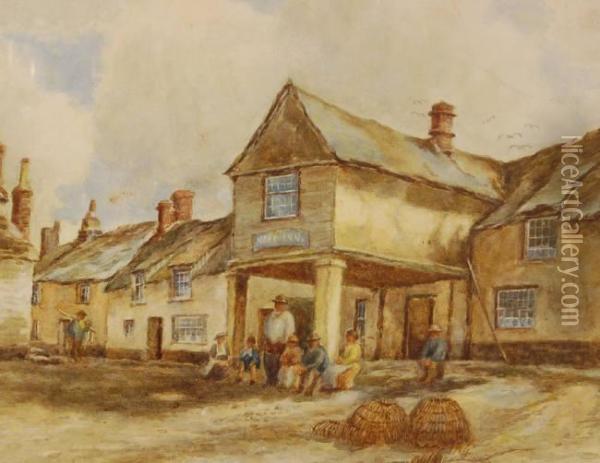 Fisherfolk Outside The Navy Inn (keigwen Arms) Oil Painting - Arthur Clough