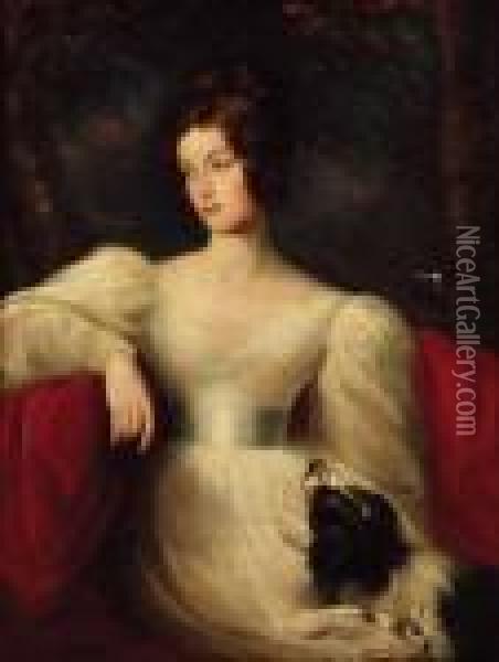Portrait Of A Lady, 
Three-quarter-length, In A White Dress, Seatedwith A Dog By Her Side, In
 A Landscape Oil Painting - Sir Thomas Lawrence