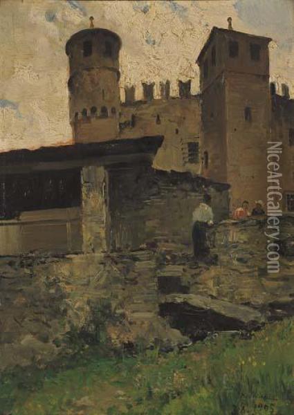 Sotto Il Castello Di Fenis Oil Painting - Lorenzo Delleani
