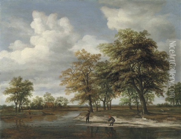 A River Landscape With Fishermen Oil Painting - Meindert Hobbema