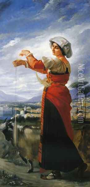 Contadina with a Goat Oil Painting - Vicente Palmaroli Y Gonzalez