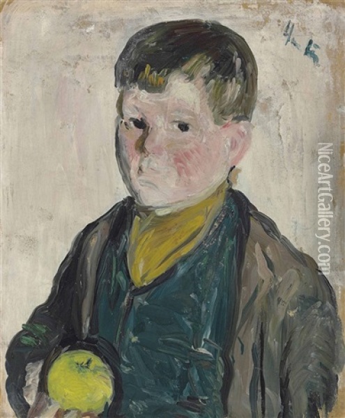 Boy With Apple Oil Painting - George Leslie Hunter