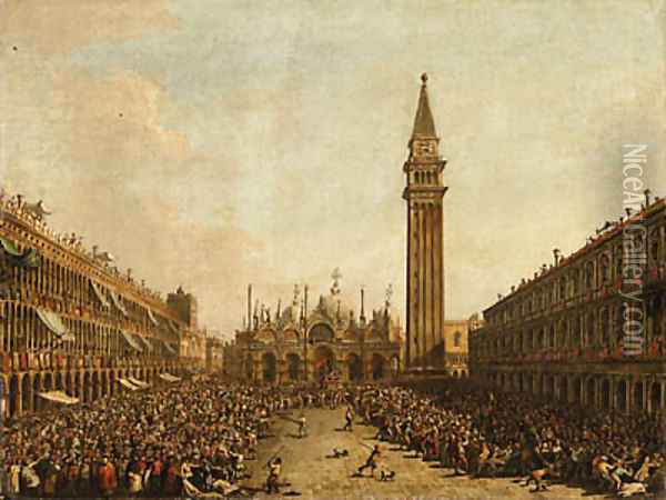 The Piazza San Marco, Venice, on the Doge's Coronation Day, with the Doge and the Admiral of the Arsenal being carried on the Pozzetto Oil Painting - Francesco Guardi