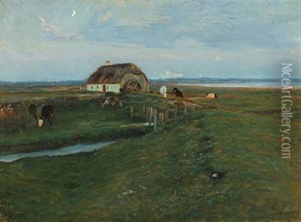 Cattle Grassing In The Fields At Dusk Oil Painting - Viggo Johansen
