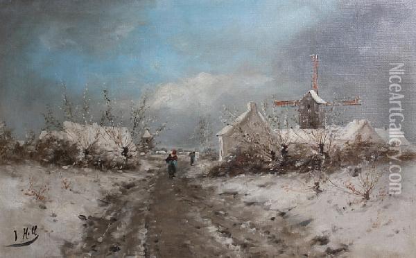 Village Scene In Winter Oil Painting - John Holl