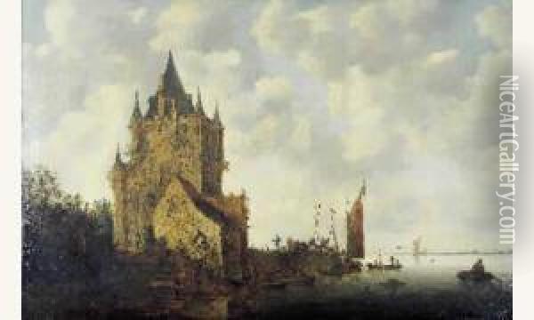 Forteresse Medievale Devant Un Paysage Fluvial Oil Painting - Reinier Van Der Laeck