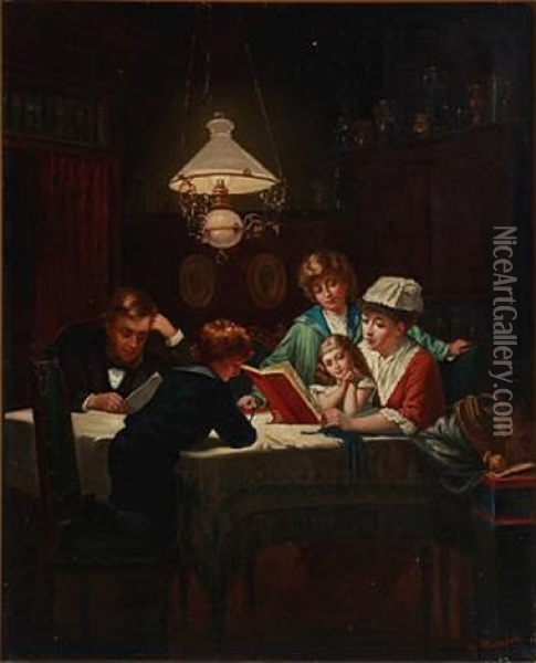 Interior With A Nurse Reading For The Family Oil Painting - Heinrich August Mansfeld
