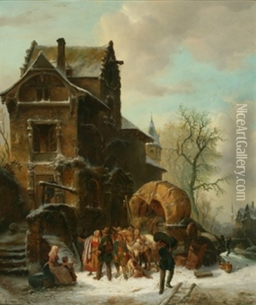 Vue De Ville Hivernale Avec Scene De Demenagement Oil Painting - Ferdinand Joseph Bernard Marinus