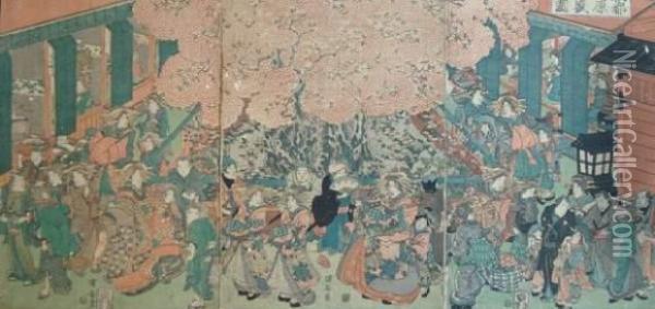 Vue Animee Du Yoshiwara Oil Painting - Ipposai Yasugoro Kuniyasu