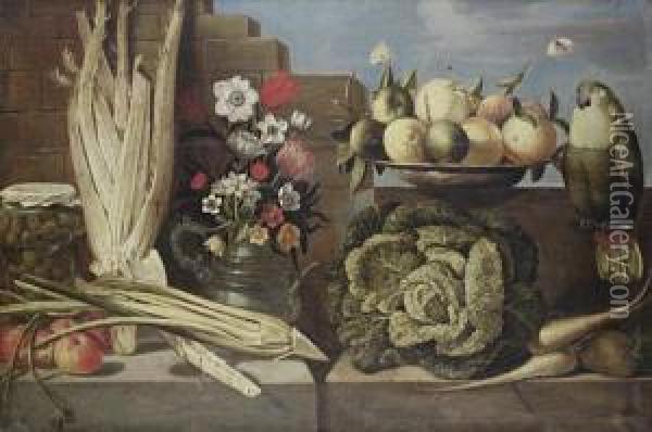 A Pewter Dish Of Lemons With A Vase Of Tulips,anemones And Other Flowers With A Cabbage, Parsnips And Othervegetables Before A Stone Wall Oil Painting - Juan Van Der Hamen Y Leon
