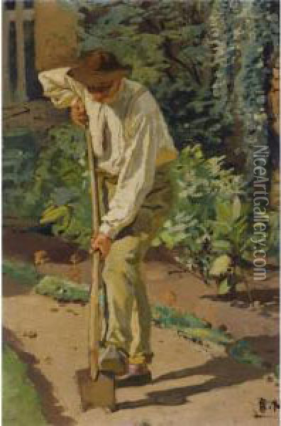 At Work In The Garden Oil Painting - Albert Ernst Muhlig