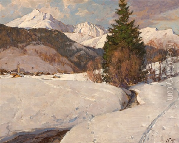 Alpine Village In The Snow Oil Painting - Robert Franz Curry