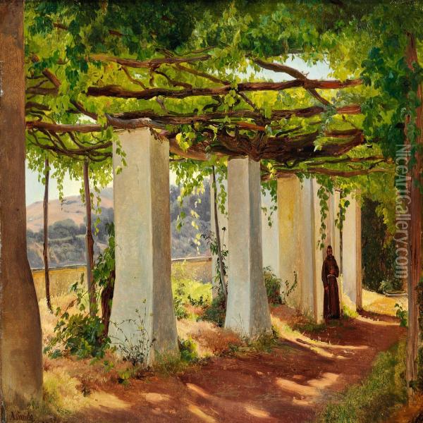 A Monk In A Pergola, Afternoon Light Oil Painting - Anders Christian Lunde