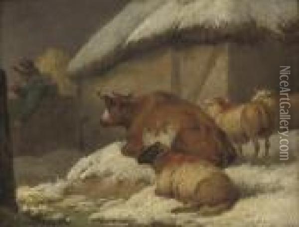 A Winter Landscape With Sheep And A Cow Oil Painting - George Morland