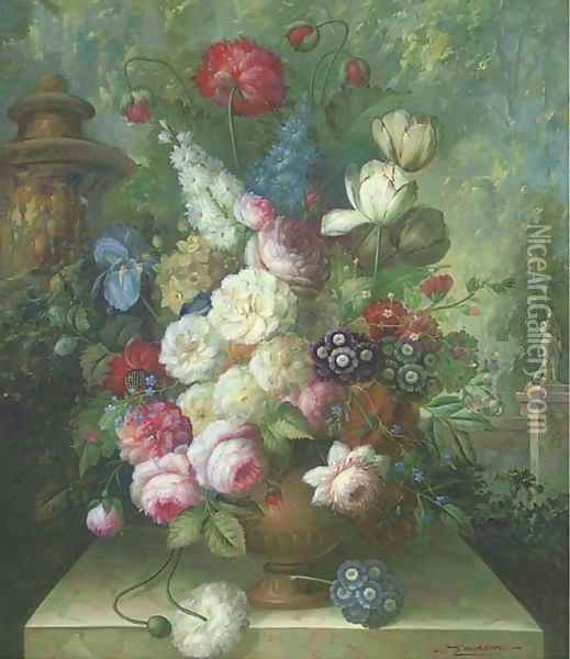 Tulips, peonies, chrysanthemums, poppies in a vase, on a ledge Oil Painting - John Jackson