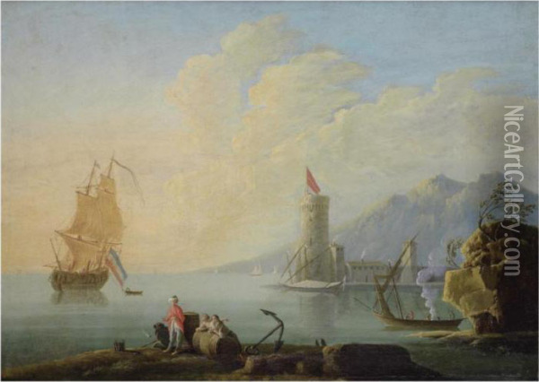 A Mediterranean Harbour Scene With Figures In The Foreground Oil Painting - Claude-joseph Vernet