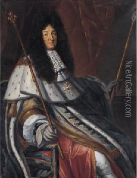 Portrait Of Louis Xiv, Seated, Three Quarter Length, Dressed In Robes Of State Oil Painting - Henri Le Jeune Testelin