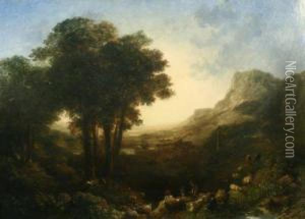 Shepherds At Rest In An Extensive Landscape Oil Painting - John Dearman Birchall