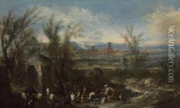 Extensive Landscape With Figures At A Shrine Oil Painting - Alessandro Magnasco