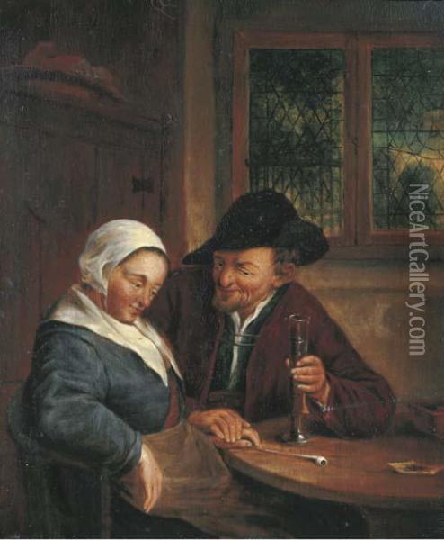 A Man Courting A Woman In An Interior Oil Painting - Adriaen Jansz. Van Ostade