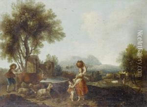 A Pastoral Landscape With A 
Washerwoman Andher Child Beside A Well, A Cowherd With His Livestock And
 A Countryvillage And Mountains Beyond Oil Painting - Francesco Zuccarelli