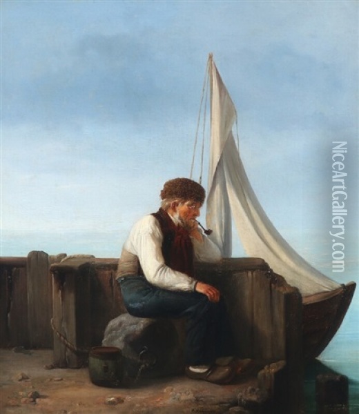 A Fisherman Looking For Wind Over The Ocean Oil Painting - Christian Andreas Schleisner