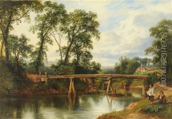 Children Fishing By A River, A Bridge Beyond Oil Painting - William Beattie Brown