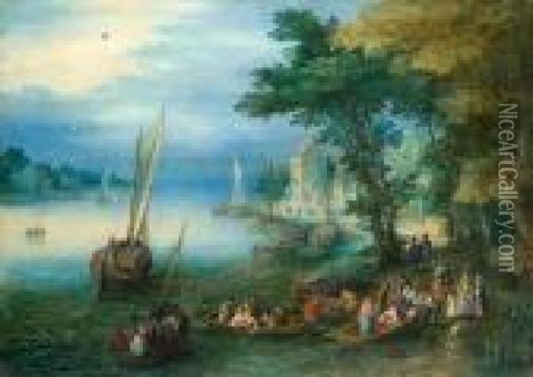 A River Landscape With Figures Disembarking From A Ferry Oil Painting - Jan The Elder Brueghel