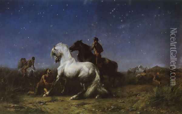 Voleurs De Nuit (Night Robbers) (or Sahara Algerien) Oil Painting - Eugene Fromentin