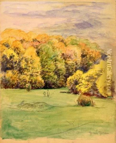 Herbstlicher Wald - Landschaftsstudie Mit Figuren Oil Painting - Hans Thoma