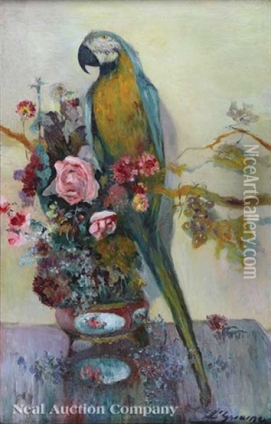 Still Life With Parrot And Flowers Oil Painting - Luis Graner y Arrufi