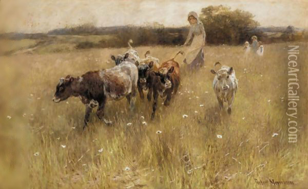 Changing Pasture Oil Painting - Robert Gustav Meyerheim