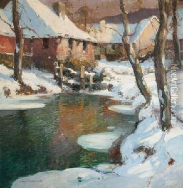 Houses Along A Winter Brook Oil Painting - Claire Shuttleworth