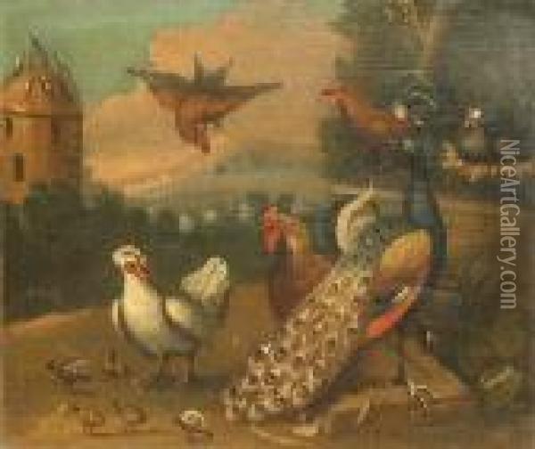 A Group Of Birds Including A Peacock With Adovecote In The Background Oil Painting - Marmaduke Cradock