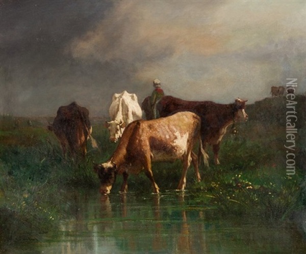 Vacas Bebiendo En El Charco Oil Painting - Antonio Cortes Cordero